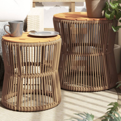 vidaXL Záhradné bočné stolíky s drevenou doskou 2 ks béžové polyratan 